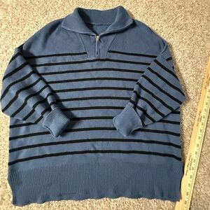 Blue & Black Striped Preppy Quarter-Zip Women’s Sweater – Classic Casual Knit